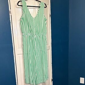 Tiana B. Green & White Striped V-Neck Jumpsuit